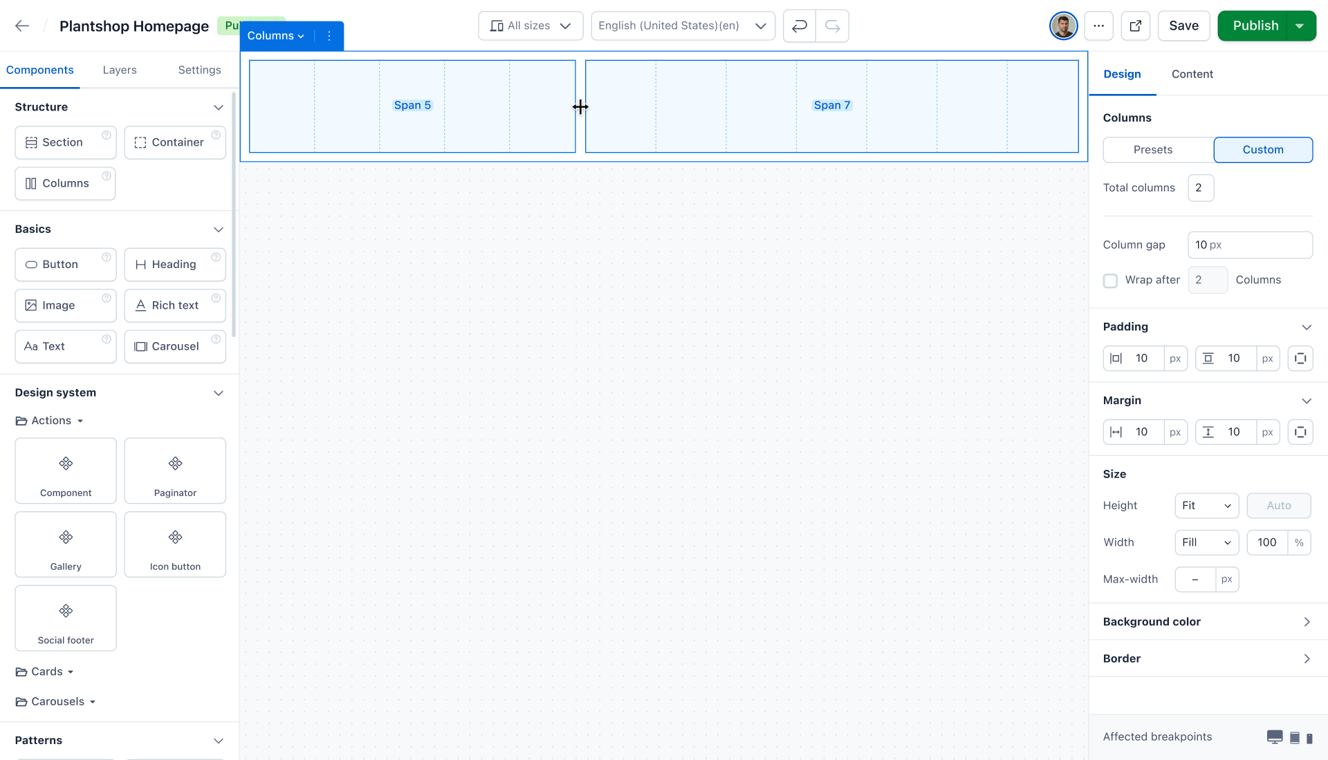 Columns component in Contentful Studio