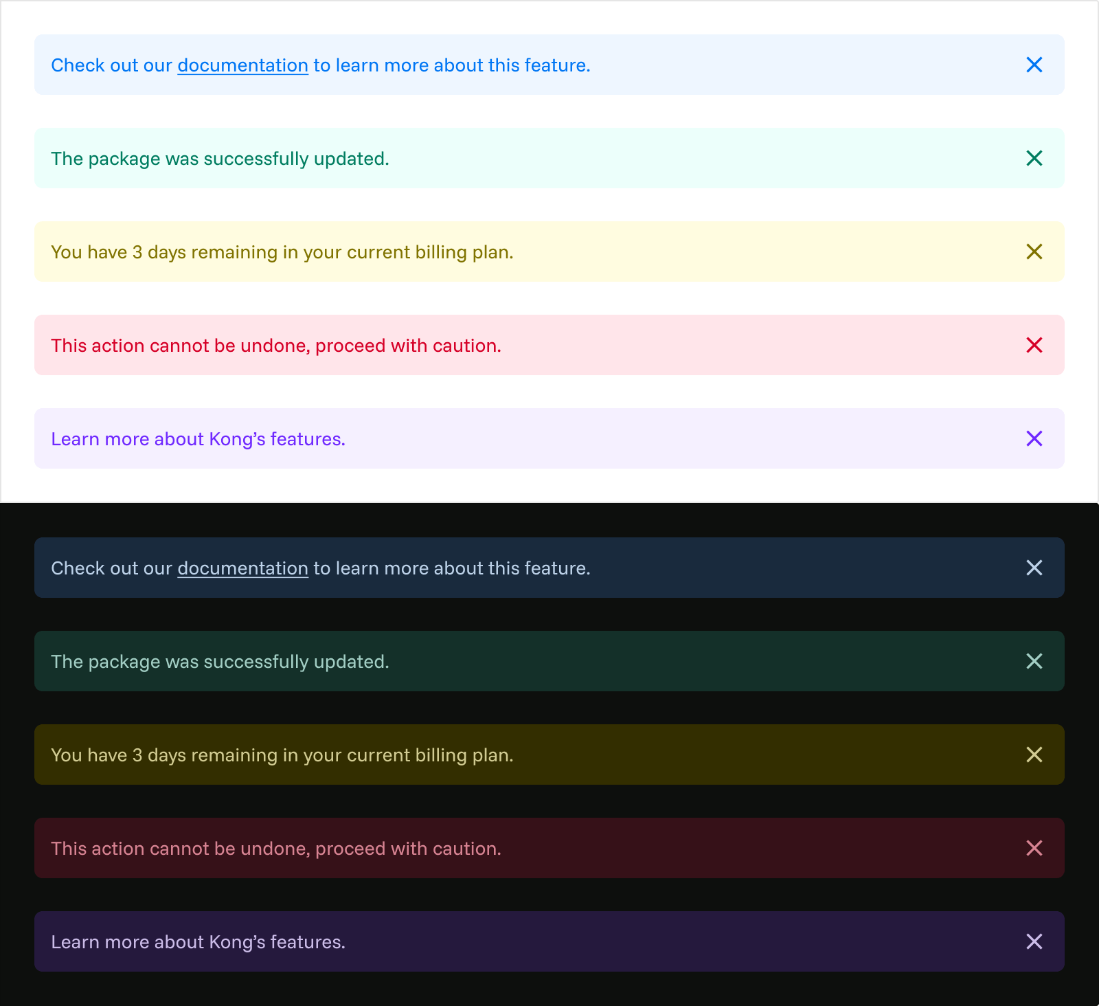 Kong message colors across light and dark themes