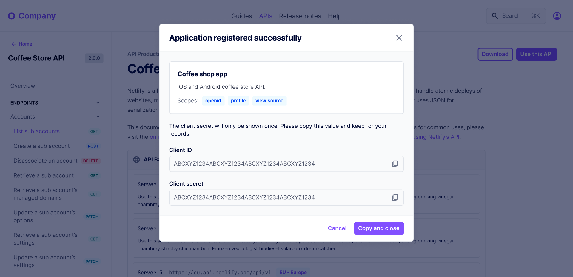 Developer portal API credentials registration